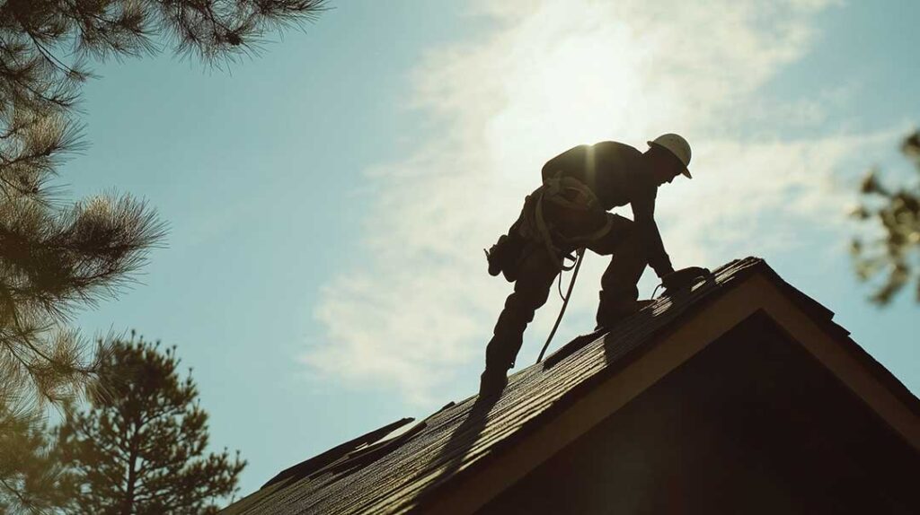 A person on a ladder clearing leaves from a residential gutter under a cloudy sky.