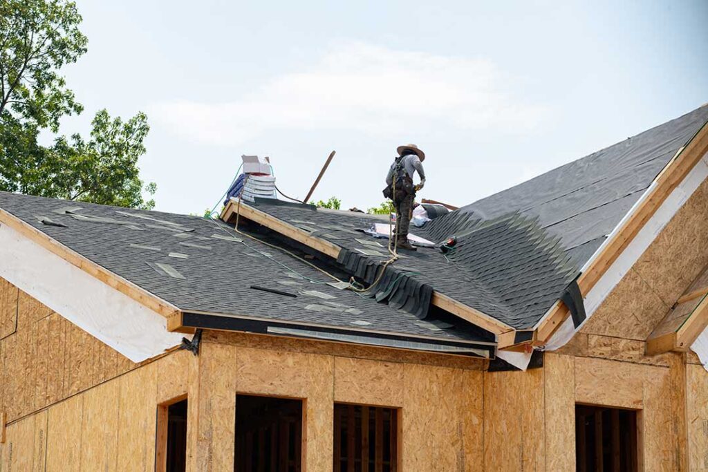 A low-slope home roof covered with hardy green plants, drainage edging, and patches of melting snow.